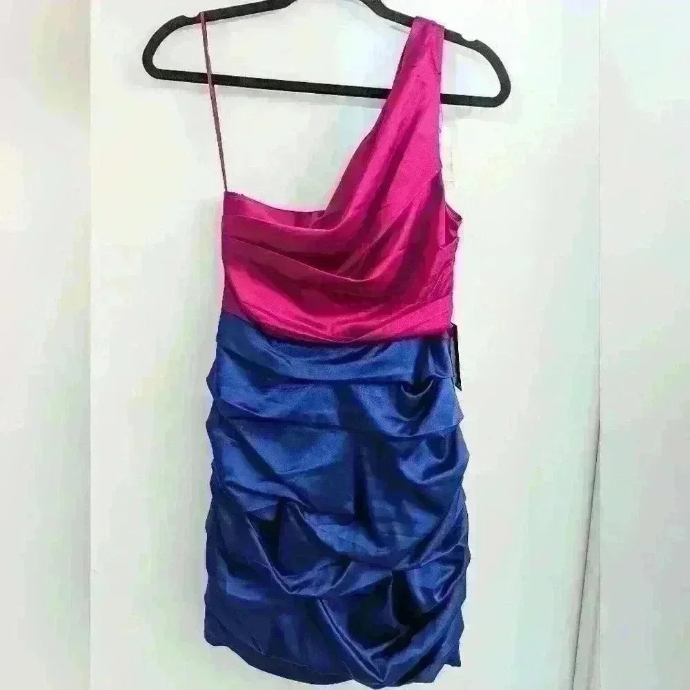 NWT Express Colorblock Ruched Bodycon One Shoulder Mini Dress, Pink and Blue